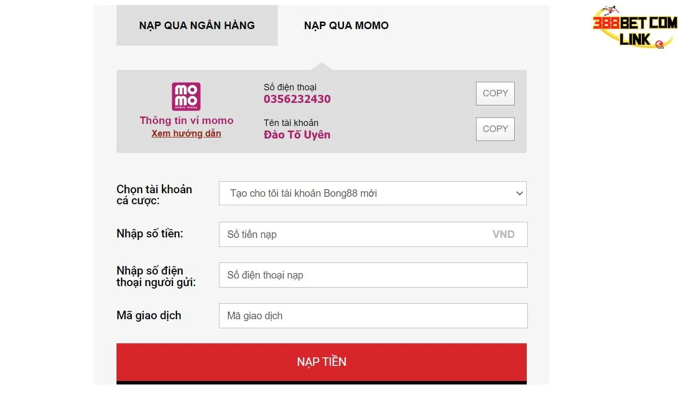 Các bước nạp tiền qua momo tại nhà cái 388Bet